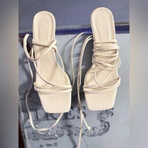 White Lace-Up Strappy Stiletto Heels Sandals Size‎ 8 Square Toe